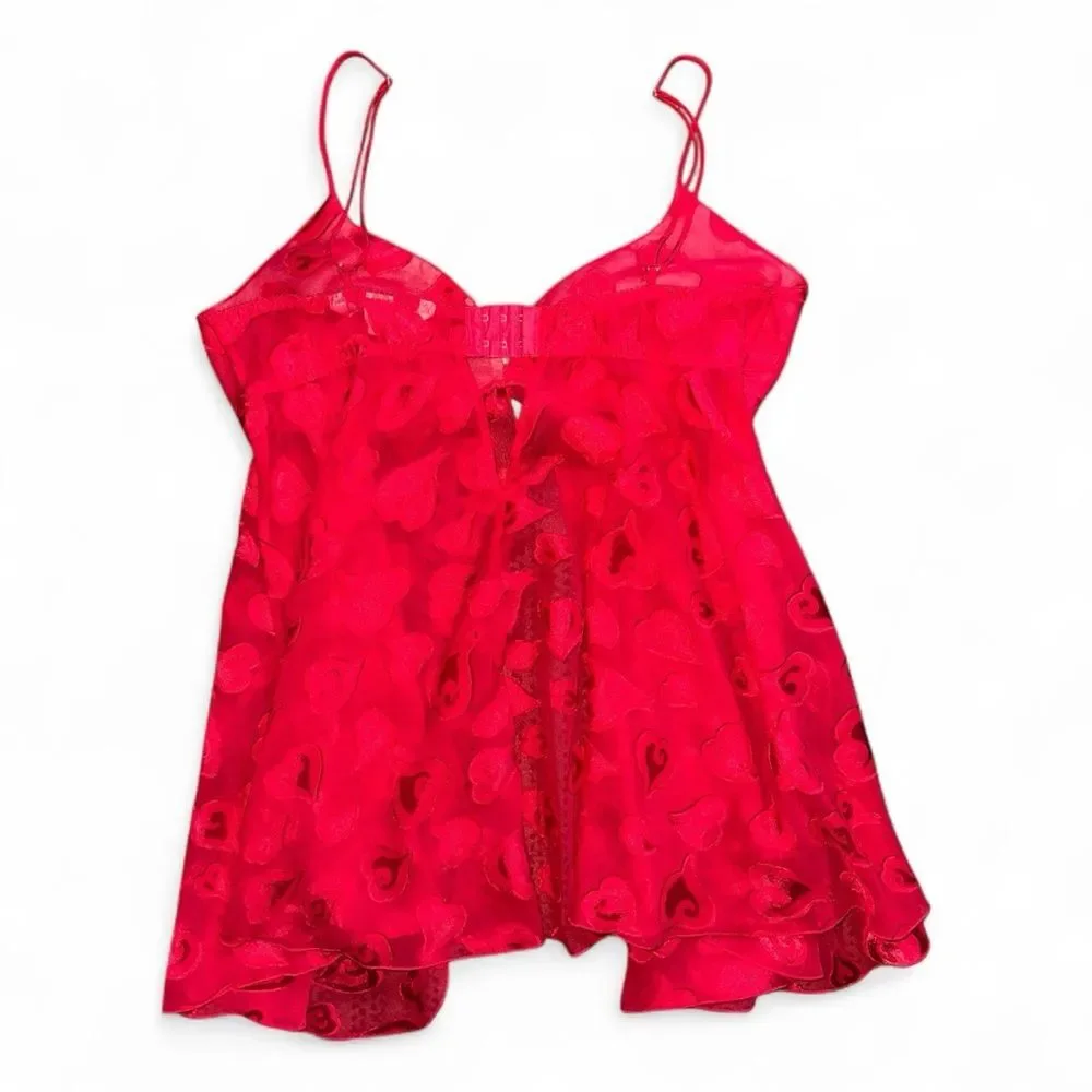 Victoria’s Secret Red Sheer Heart Lace Babydoll Chemise M Y2K